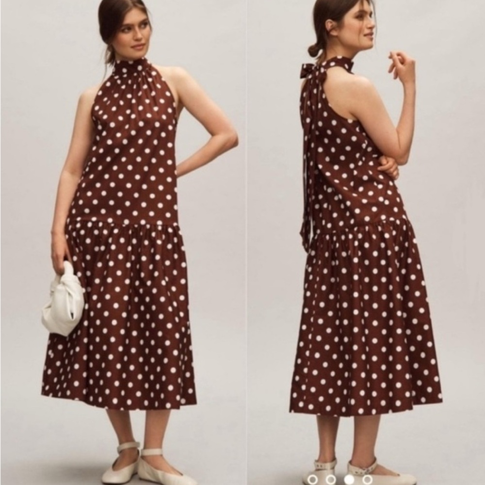 Maeve by Anthropologie Brown White Polka Dot Halter Midi Dress